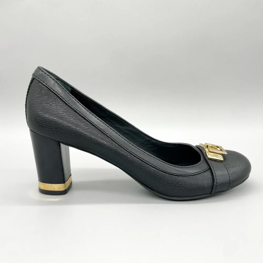 Tory Burch Womens 8.5M Pump Heels Shoes Black Leather Gold Buckle Office Classic